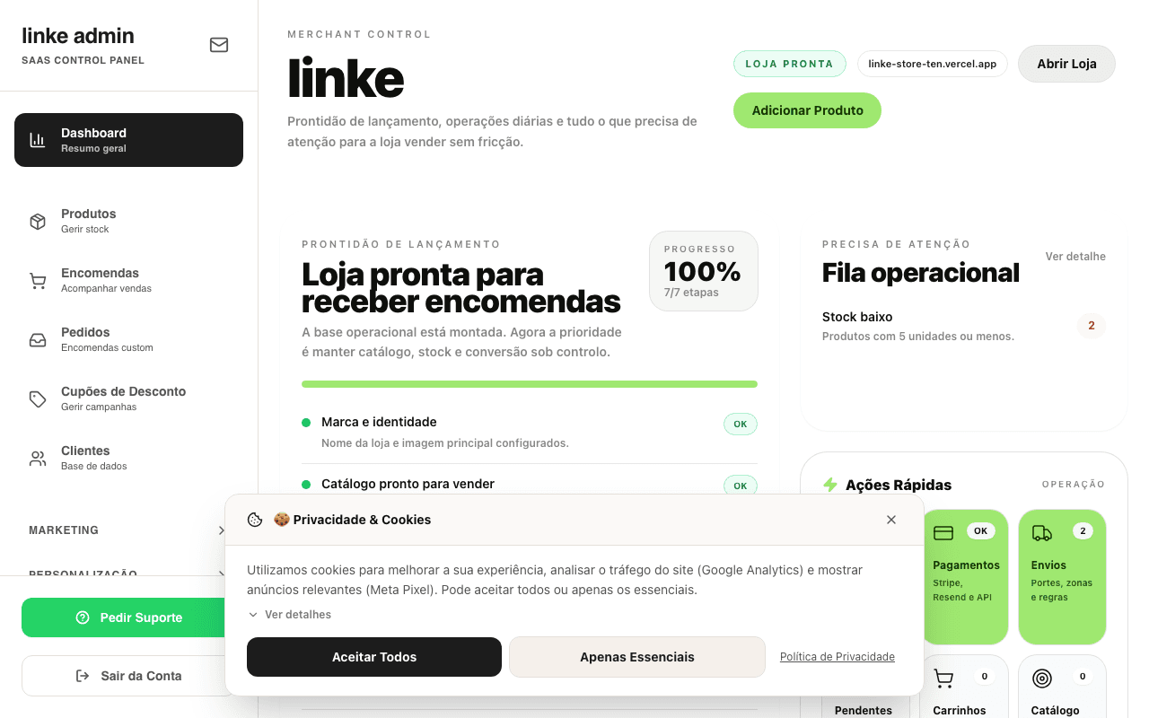 Dashboard da Plataforma Linke E-commerce