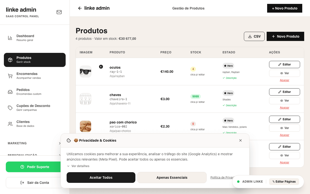 Gestão de Produtos e Stocks